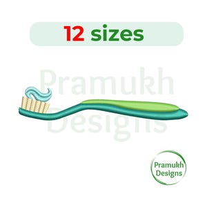May include: A green and blue toothbrush with a white bristle head and a blue and white toothpaste tube on top. The text "12 sizes" is above the toothbrush and the text "Pramukh Designs" is below the toothbrush.