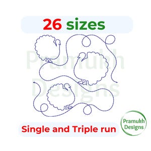 May include: A digital embroidery design of three turkeys in a continuous line design. The design is available in 26 sizes and can be stitched as a single or triple run. The text "26 sizes" and "Single and Triple run" is included in the image.