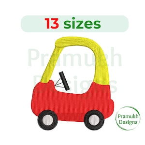 May include: Embroidered design of a red and yellow toy car with black wheels and a steering wheel. The design includes the text "13 sizes" in red and green. The Pramukh Designs logo is in the lower right corner.
