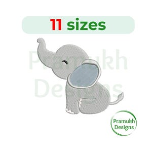 May include: Embroidered design of a grey elephant with a raised trunk and a closed eye. The elephant is sitting down with its legs tucked under its body. The design is available in 11 sizes.