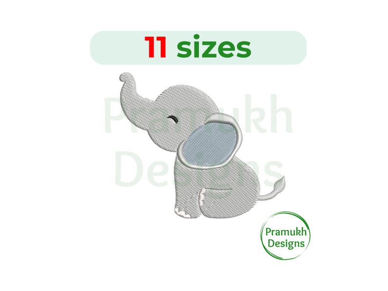 May include: Embroidered design of a gray elephant with a raised trunk and a closed eye. The elephant is sitting down with its legs tucked under its body. The design is available in 11 sizes.