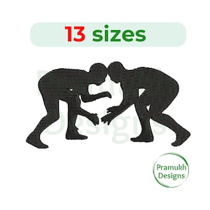 May include: A black machine embroidery design featuring the silhouette of two wrestlers facing each other in a crouched stance. Above the figures, the text reads 13 sizes in red and green. A circular logo with the text Pramukh Designs is visible.