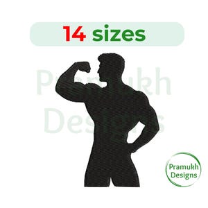 May include: Black silhouette of a muscular person flexing their bicep. The image is titled "14 sizes".