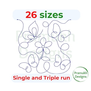Op de afbeelding: Een digitaal borduurontwerp met een bloem met drie vlinders, allemaal omlijnd in blauw. Het ontwerp is verkrijgbaar in 26 maten en kan in één of drie runs worden geborduurd. De tekst "26 sizes" en "Single and Triple run" is in de afbeelding opgenomen.