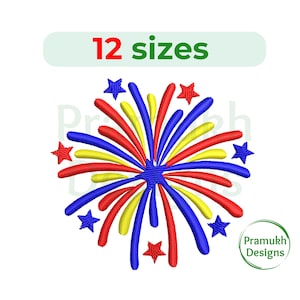 May include: A red, white, and blue firework design with 12 sizes available. The firework is made up of blue, red, and yellow lines with red, white, and blue stars around the edges.