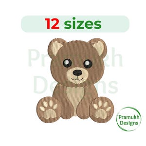 May include: Brown teddy bear embroidery design with 12 sizes. The bear is sitting with its paws in front of it.