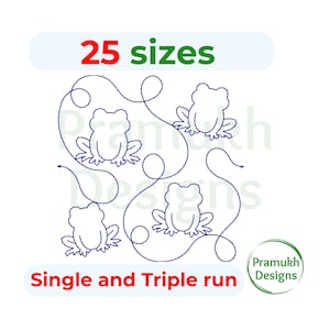 May include: A white background features a blue line drawing of four frogs connected by a continuous line. The text "25 sizes" is in red and green. Below, "Single and Triple run" is in red. A green circle with "Pramukh Designs" is in the lower right.