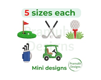 Juego de diseños de bordado para máquina de minigolf (2,5-5 cm): bandera, palo, pelota, bolsa, carrito. Descarga digital instantánea.
