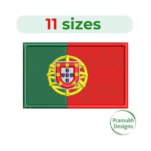 以下が含まれることがあります： ポルトガルの国旗が刺繍された長方形のパッチ。旗は垂直に分割され、左側に緑色の部分、右側に赤色の部分があります。中央にはポルトガルの紋章があります。「11サイズ」と書かれたテキスト。