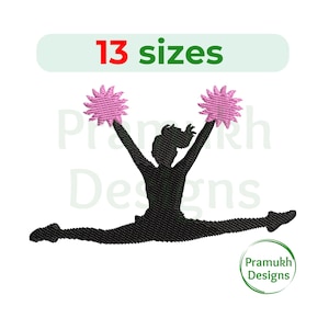 May include: Black silhouette of a cheerleader in a split, holding pink pom-poms. The image includes the text "13 sizes" in green and the Pramukh Designs logo. This design is suitable for embroidery or digital crafts.