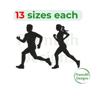 May include: Black silhouettes of a man and woman running, set against a white background. The text "13 sizes each" is above the runners in a green rounded rectangle with red text. The image also includes a logo for Pramukh Designs.