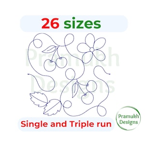 May include: A digital embroidery design of a cherry blossom with cherries and leaves. The design is available in 26 sizes and can be stitched in a single or triple run. The design is called "Single and Triple run".
