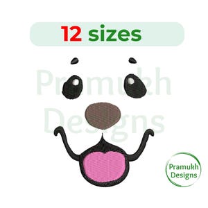 May include: Embroidered design of a cartoon dog face with black eyes, a brown nose, and a pink tongue sticking out. The design is available in 12 sizes.
