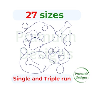 Può includere: Un disegno di ricamo digitale che presenta un'impronta di zampa, un osso e dei vortici. Il disegno è disponibile in 27 dimensioni e può essere ricamato in una o tre passate. Il testo "27 sizes" e "Single and Triple run" è incluso nell'immagine.