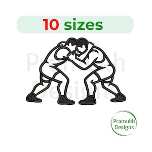 May include: Black and white line art of two wrestlers in a grappling position. The image includes the text "10 sizes" in red and green, and the Pramukh Designs logo in a green circle.