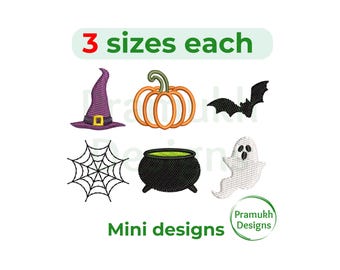 Mini Halloween Embroidery Design Set (1–2 inch) – Bat, Cauldron, Ghost, Pumpkin, Spider Web, Witch Hat, Instant Download Digital File