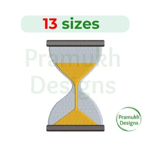 May include: An hourglass embroidery design with 13 sizes. The hourglass is gray with a yellow sand inside.