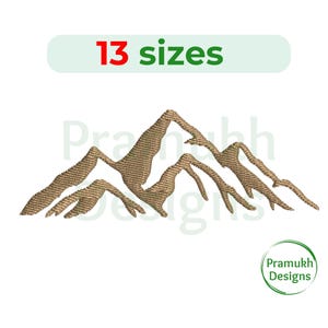 Könnte beinhalten: Ein braunes Bergsilhouetten-Stickmuster, erhältlich in 13 Größen. Das Design ist perfekt, um Ihren Projekten einen Hauch von Natur zu verleihen.