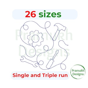 Puede incluir: Diseño de arte de línea de un martillo, un destornillador, una llave y un engranaje. El diseño está en una línea continua y está disponible en 26 tamaños. El texto "Single and Triple run" está debajo del diseño.