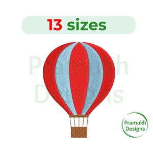 May include: Red and blue hot air balloon with a brown basket. The balloon has 13 sizes.