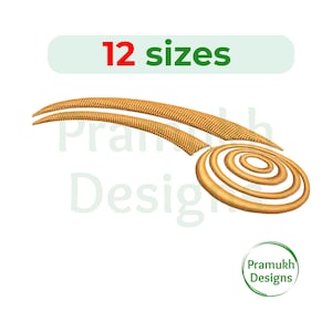 May include: An embroidery design featuring two curved, golden-colored lines extending from a central circular motif composed of concentric rings. The text 12 sizes appears at the top, and the logo Pramukh Designs is visible in the bottom right corner.