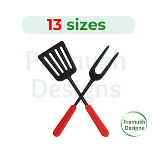 May include: A black spatula and fork with red handles are crossed over each other. The text "13 sizes" is above the tools.