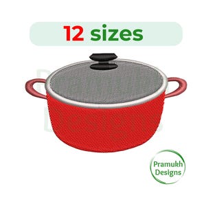 Könnte beinhalten: Roter Topf mit einem schwarzen Knopf auf dem Deckel. Der Topf hat einen weißen Rand und ist in 12 Größen erhältlich.