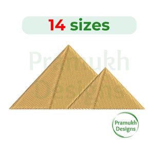 May include: Embroidered design of two golden pyramids, with the text "14 sizes" above and "Pramukh Designs" below.