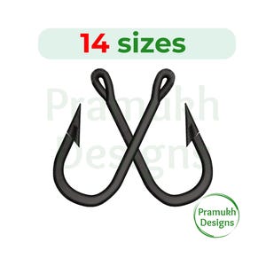 May include: Black fishing hooks crossed over each other, with the text "14 sizes" above. The hooks are on a white background. The logo for Pramukh Designs is in the lower right corner.