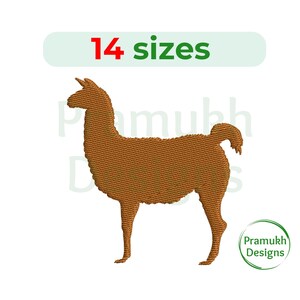 May include: Brown llama silhouette embroidery design, available in 14 sizes.