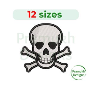 May include: Black and white embroidered skull and crossbones design.  The skull is white with black eyes and a black smile. The crossbones are black.  The design is available in 12 sizes.