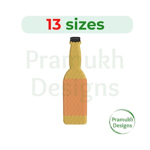 May include: A yellow and orange beer bottle with a black cap. The bottle is embroidered and has the text "13 sizes" above it and "Pramukh Designs" below it.