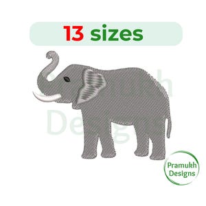 May include: Embroidered design of a gray elephant with a white tusk and ear. The design is available in 13 sizes.