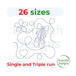 Könnte beinhalten: Ein digitales Design mit einer Blume, einem Herz und Ballettschuhen, alle durch eine durchgehende Linie verbunden. Der Text "26 Größen" befindet sich über dem Design, und "Single and Triple run" darunter. Ein Logo befindet sich unten rechts.