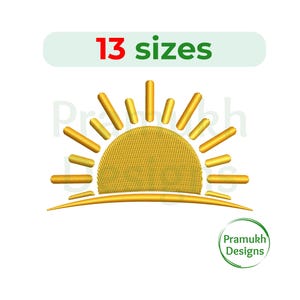 May include: A gold embroidered design of a sun rising over a horizon. The design is available in 13 sizes.