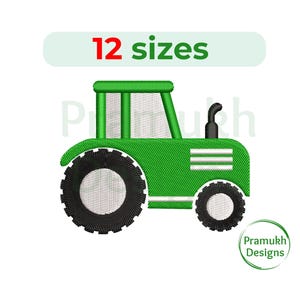 Op de afbeelding: Borduurontwerp van een groene tractor met witte strepen en zwarte wielen. Het ontwerp is verkrijgbaar in 12 maten.