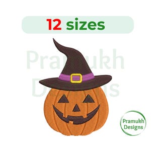 May include: An orange pumpkin with a black witch's hat. The hat has a purple band and a yellow buckle. The pumpkin has a carved jack-o'-lantern face.