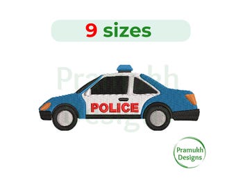 May include: Embroidered police car design in blue, white, and black. The word "POLICE" is prominently displayed on the side. The image also includes the text "9 sizes".