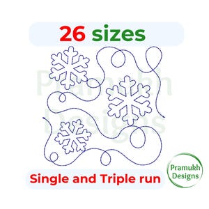 May include: A digital embroidery design featuring three snowflakes connected by continuous, swirling dark blue lines. The text 26 sizes appears at the top, and Single and Triple run is at the bottom. A Pramukh Designs logo is in the corner.