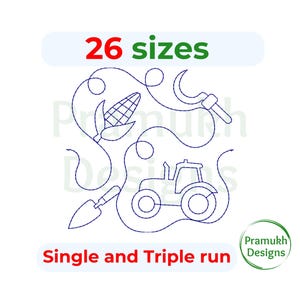 May include: A blue line drawing of a tractor, corn, a shovel, and a sickle. The text "26 sizes" and "Single and Triple run" are also included in the image.