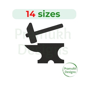May include: Black anvil and hammer graphic with the text "14 sizes" in a green rounded rectangle. The image also includes the text "Pramukh Designs" in a green circle.