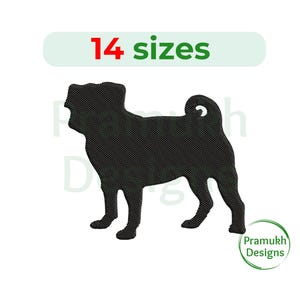 May include: Black silhouette of a pug dog, with the text "14 sizes" above the image and "Pramukh Designs" below the image.