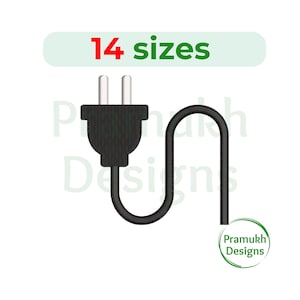 Peut inclure: Une prise électrique noire avec deux broches métalliques reliées à un cordon noir. Au-dessus de la prise, un rectangle arrondi vert clair contient le texte 14 sizes en rouge et vert. Le texte Pramukh Designs est visible en arrière-plan.
