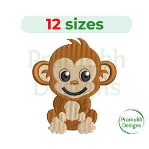 Puede incluir: Diseño bordado de un mono marrón con ojos grandes y una sonrisa. El mono está sentado con las piernas cruzadas. El diseño está disponible en 12 tamaños.
