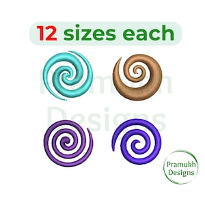May include: Four embroidered spiral designs in turquoise, brown, purple, and blue. The text "12 sizes each" is at the top of the image.