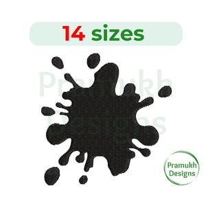 Peut inclure: Motif de broderie de tache d'encre noire avec le texte "14 tailles" en rouge et vert. Le motif est sur fond blanc. Le logo "Pramukh Designs" est dans un cercle vert.