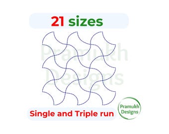 Puede incluir: Un diseño de bordado digital con un patrón geométrico repetitivo de formas curvas entrelazadas en contornos azul oscuro. El texto 21 sizes aparece en la parte superior y Single and Triple run en la inferior. Un logotipo circular dice Pramukh Designs.