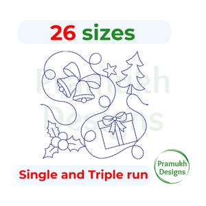 Peut inclure: Un motif de broderie au trait bleu représentant des cloches de Noël, un cadeau, un sapin, une étoile et du houx. Le texte 26 sizes et Single and Triple run est visible. Un logo circulaire avec le texte Pramukh Designs est présent.