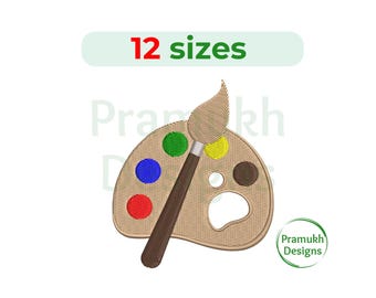 May include: A brown paintbrush with a beige paint palette. The palette has five paint wells with red, blue, green, yellow, and brown paint. The paintbrush is on top of the palette.