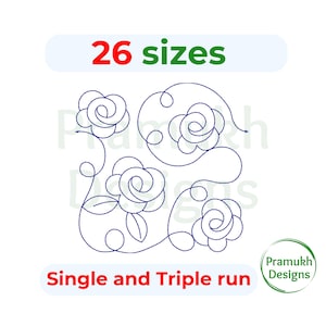 Puede incluir: Un diseño de bordado digital de cuatro rosas estilizadas con tallos y hojas. El diseño está disponible en 26 tamaños y se puede bordar con una pasada simple o triple. El texto "Single and Triple run" está debajo del diseño. El texto "26 sizes" está en la parte superior de la imagen. El texto "Pramukh Designs" está en un círculo verde en la parte inferior derecha de la imagen.